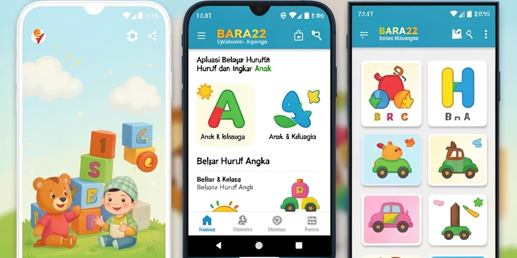 Tampilan antarmuka aplikasi BARA22 untuk belajar huruf dan angka.