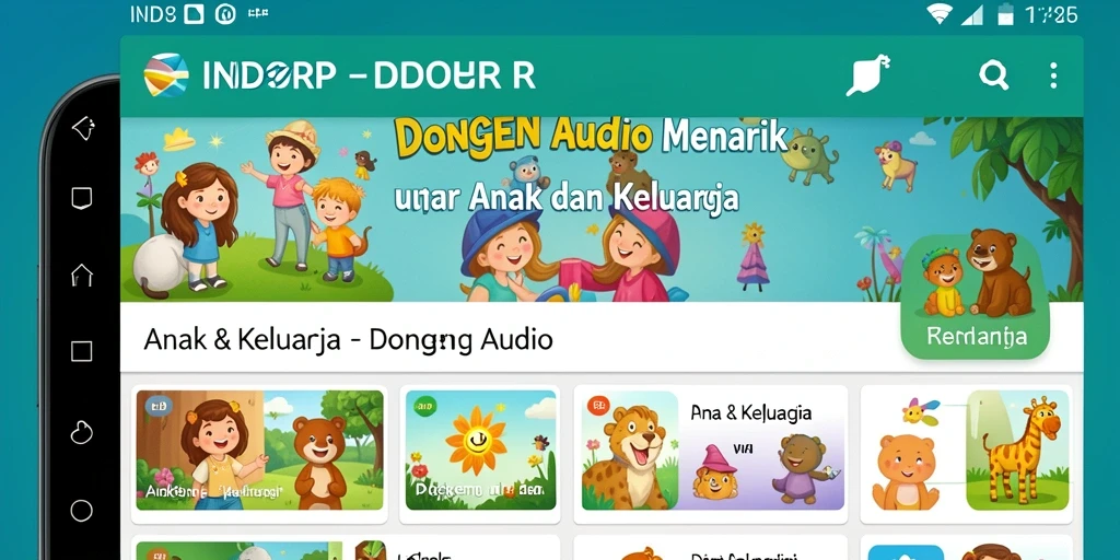 Antarmuka aplikasi INDORP yang ramah anak dengan pilihan dongeng audio.